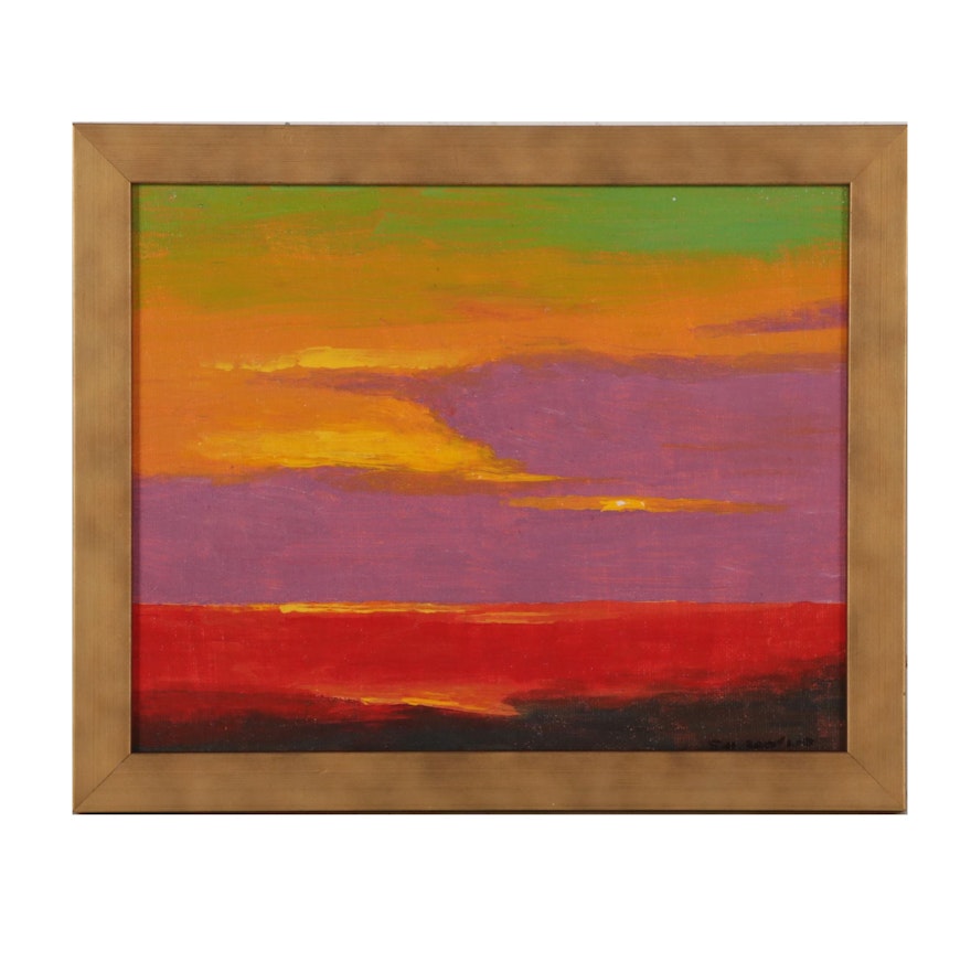 Sulmaz H. Radvand Seascape Oil Painting of Sunset Over Red Ocean, 21st Century