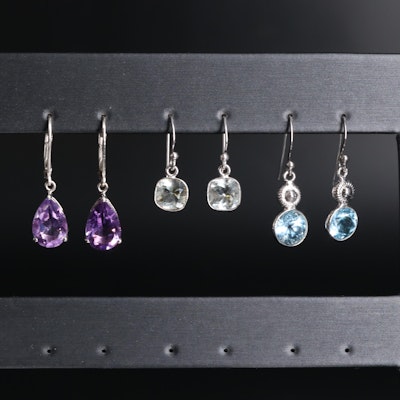 Sterling Silver Earring Collection Including Amethyst and Topaz