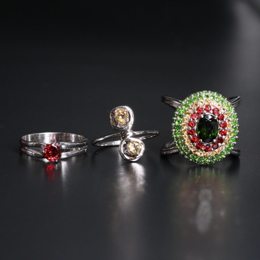 Sterling Silver Ring Trio Including Citrine and Garnet