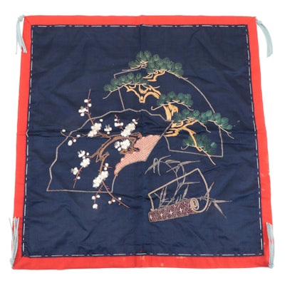Japanese Embroidered Pine Tree, Silk Fan and Scroll Fukusa