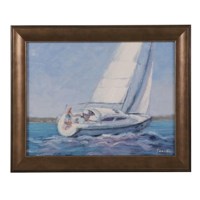 Sean Wu Nautical Oil Painting of Sailboat in Strong Wind, 2020