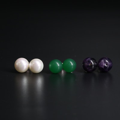 Sterling Silver Stud Earring Trio Including Pearl