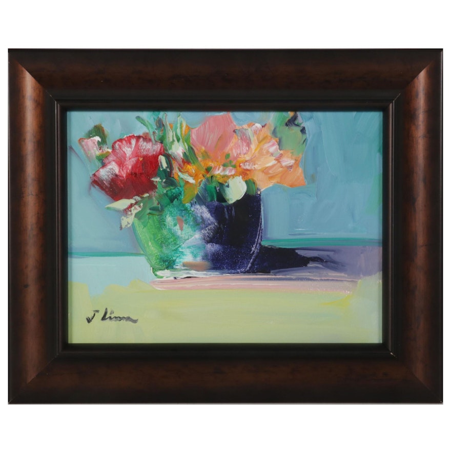 José M. Lima Still Life Oil Painting of Flowers in Bowl, 2022