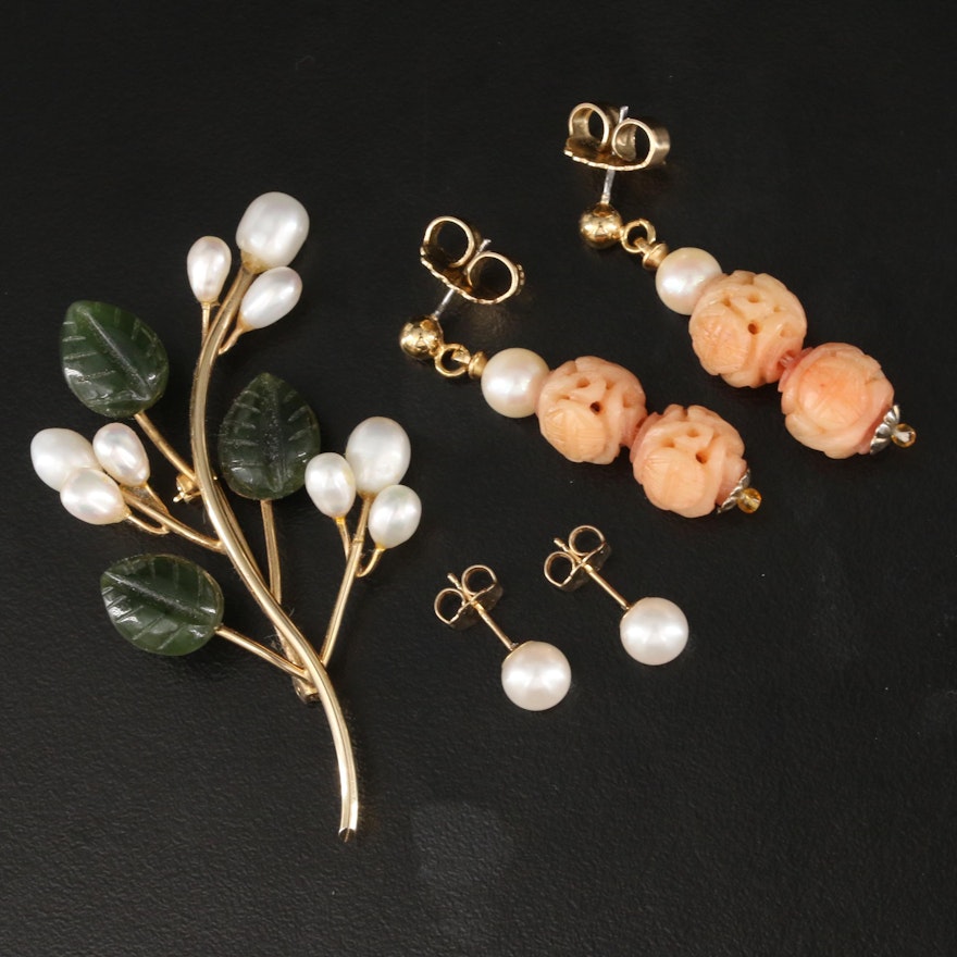 14K Carved Pearl, Bone and Nephrite Earrings and Foliate Brooch