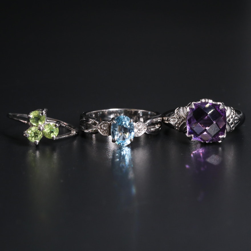 Sterling Silver Ring Trio Including Peridot and Topaz and Amethyst