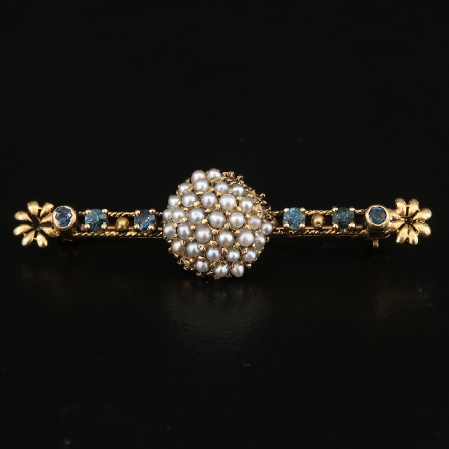 14K Seed Pearl and Sapphire Bar Brooch with Floral Details