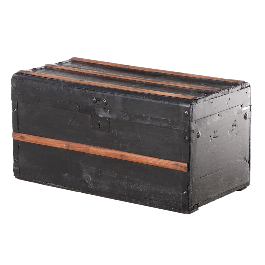 Small Victorian Ebonized Pine, Slatted Oak, and Metal-Bound Steamer Trunk