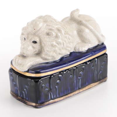 Recumbent Lion Cobalt and Cream  Lidded Box