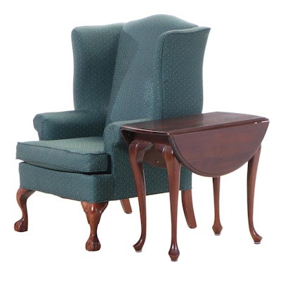 Chippendale Style Upholstered Wingback Armchair Plus Cherrywood Pembroke Table