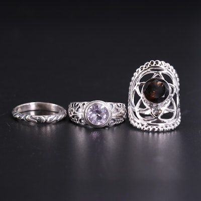 Sterling Silver Ring Trio Including Amethyst and Quartz