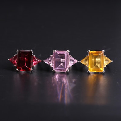 Sterling Silver Ring Trio Including Citrine and Sapphire