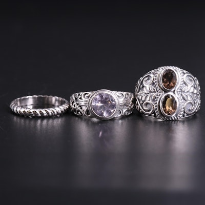 Sterling Silver Ring Trio Including Amethyst and Quartz
