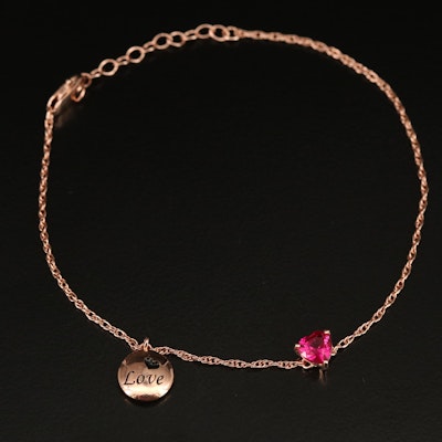 Sterling Ruby Heart and Love Charm Bracelet