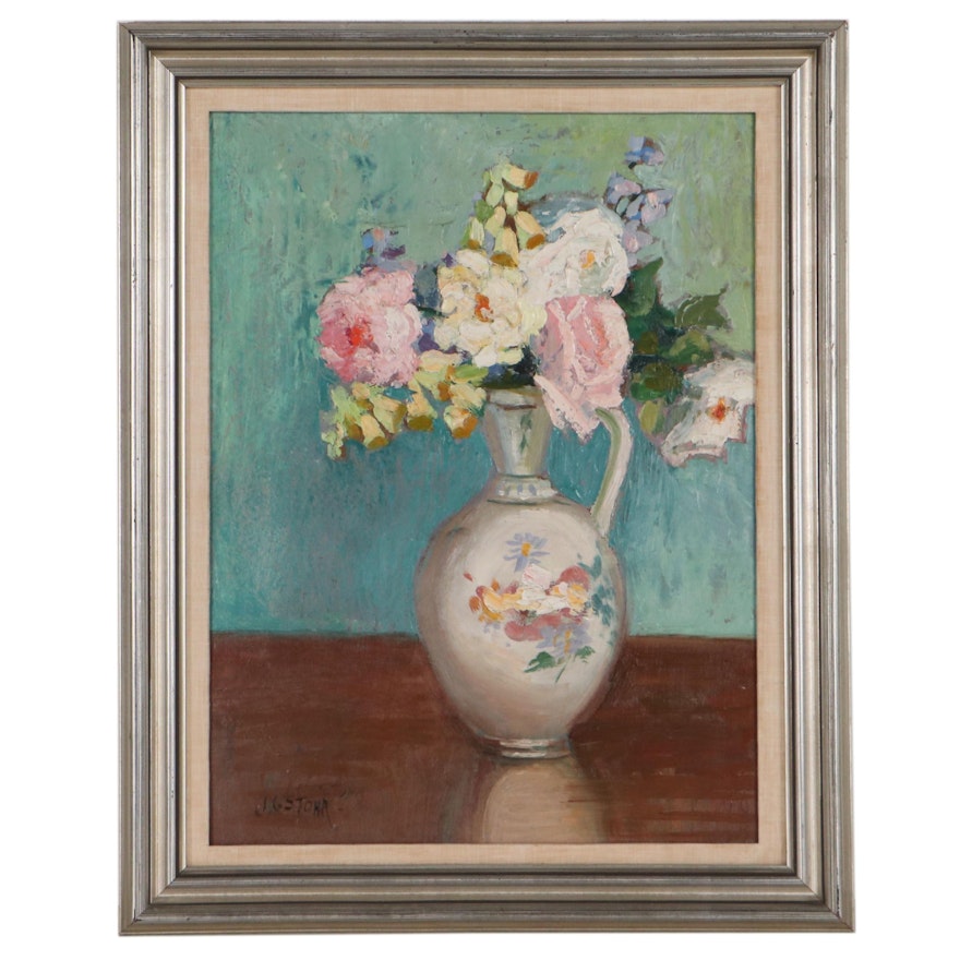 Julia Stohr Still Life Oil Painting "Roses," Early 20th Century