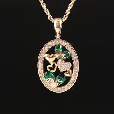 14K Emerald and Cubic Zirconia Heart Pendant on 10K Rope Chain Necklace