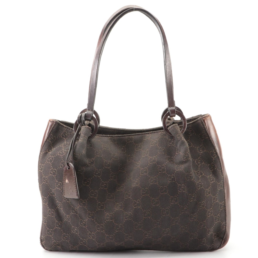 Gucci Small Tote in GG Jacquard Twill and Brown Leather with Zip Pouch
