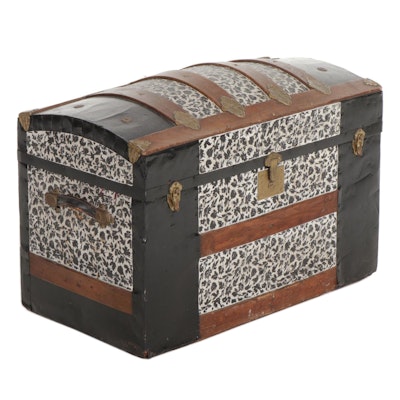 Victorian Dome-Top Oak Slat and Paint-Decorated Trunk with Fabric-Lined Interior