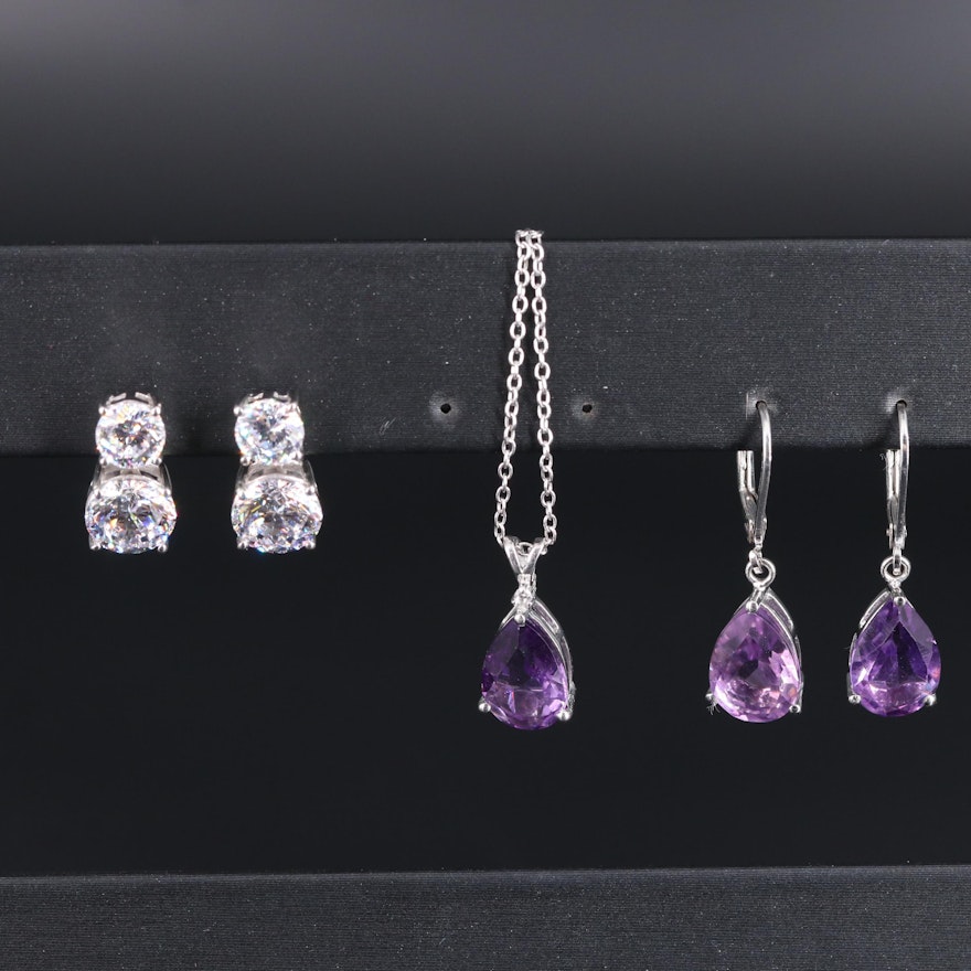 Sterling Silver Jewelry Assortment Including Amethyst and Cubic Zirconia