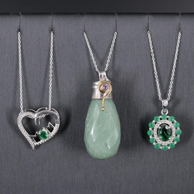 Sterling Silver Necklace Trio Including Green Emerald