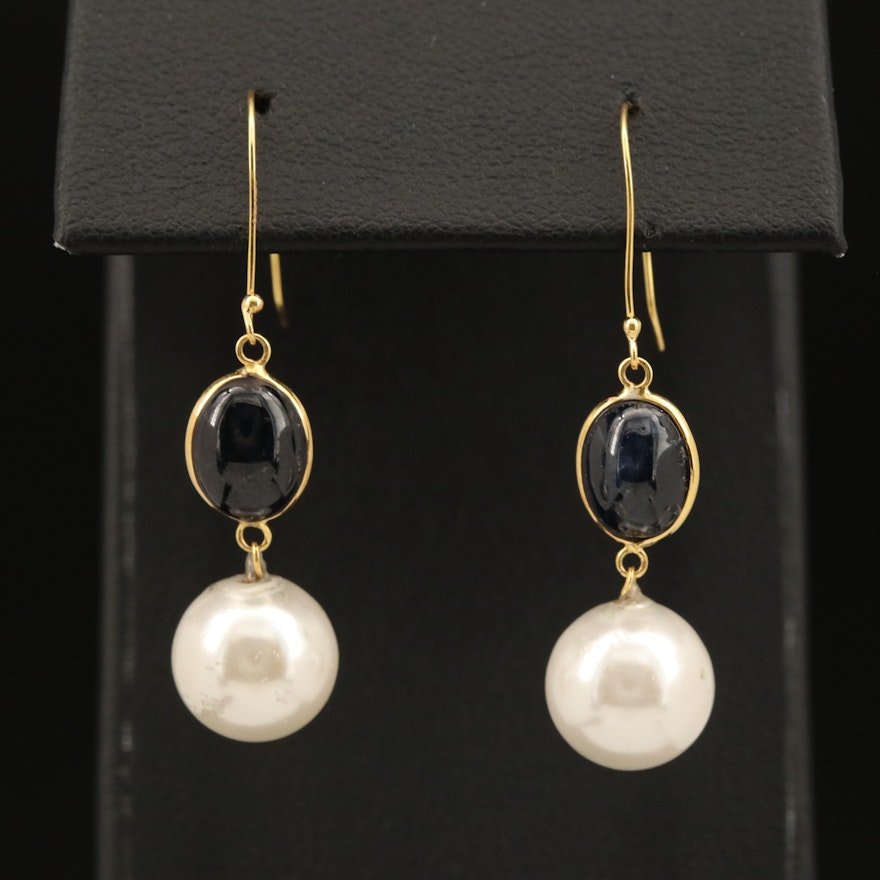 14K Sapphire and Imitation Pearl Earrings