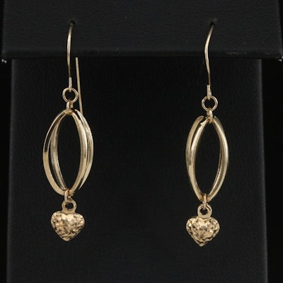 14K Sphere Drop Earrings with Puffed Heart Accents