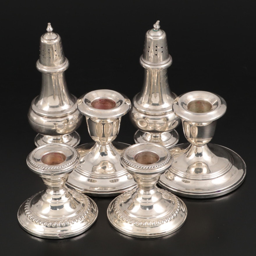 Hunt Silver and More Weighted Sterling and Sterling Candlesticks and Shakers