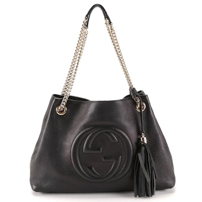 Gucci Soho Chain Strap Shoulder Bag in Black Grained Leather with Tassel