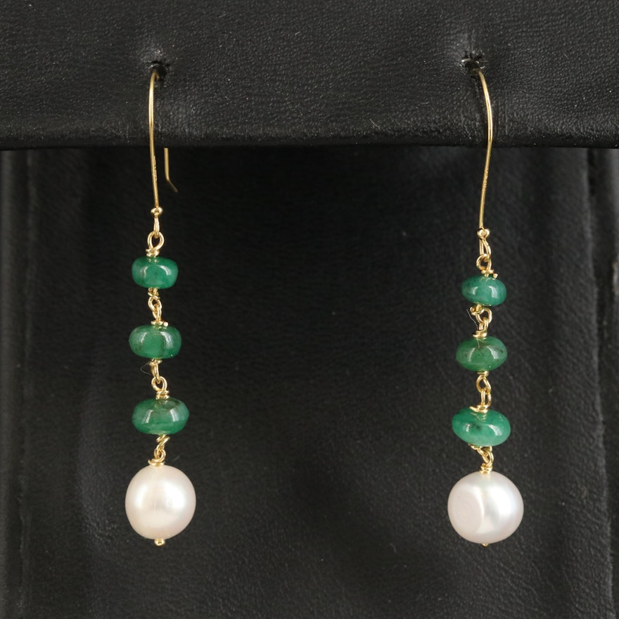 14K Pearl and Emerald Drop Earrings