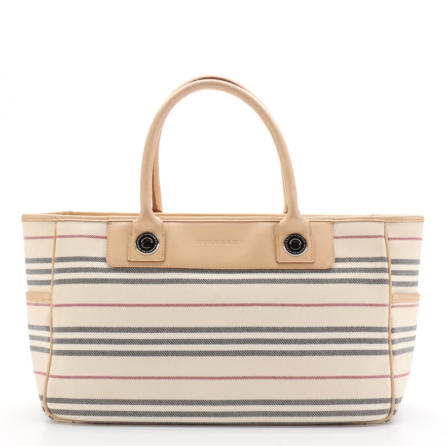 Burberry Tote Handbag in Striped Twill with Beige Leather Trim