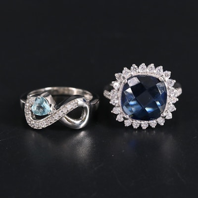 Sterling Silver Ring Pair Including Sapphire, Aquamarine, and Cubic Zirconia