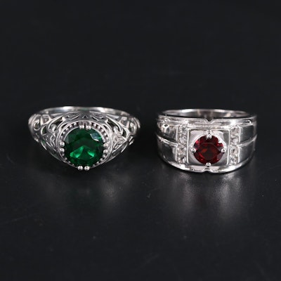 Sterling Silver Ring Pair Including Emerald, Garnet, and Topaz