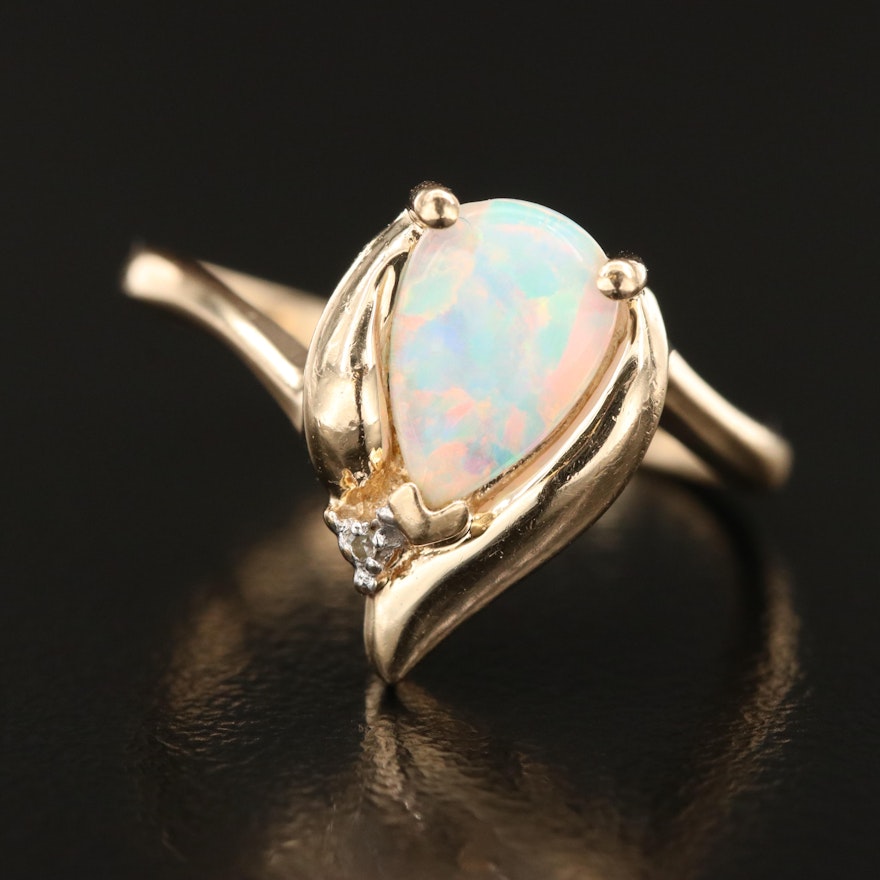 10K Opal Wishbone Ring with Diamond Accent