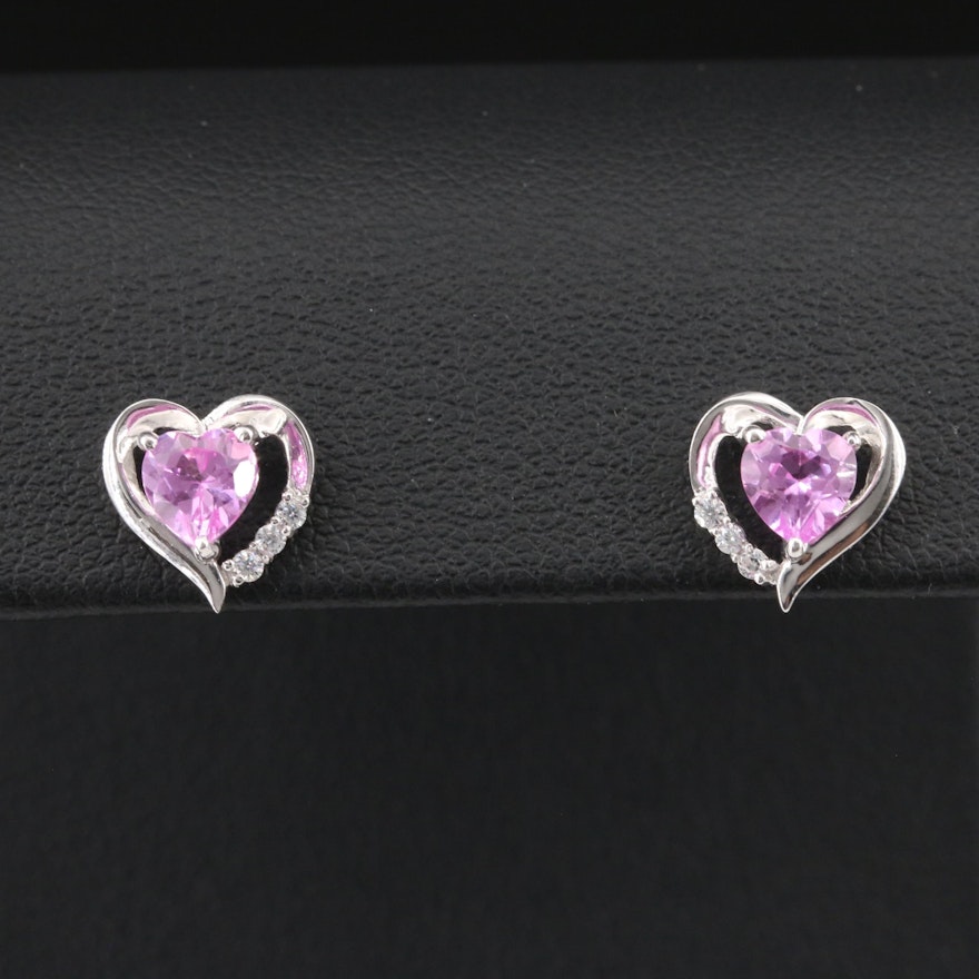 Sterling Sapphire and Cubic Zirconia Heart Stud Earrings