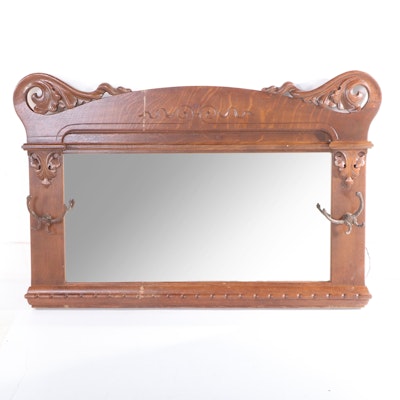 Late Victorian Oak Mirror with Hat Hooks, Late 19th/ Early 20th Century