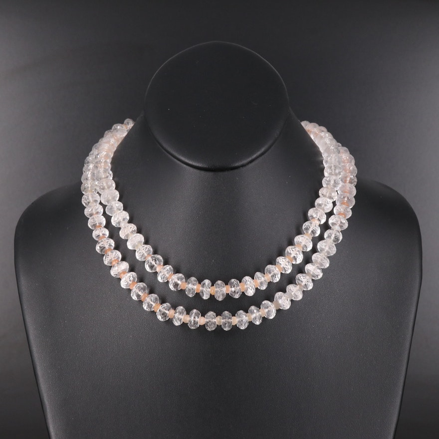 Rock Crystal Quartz and Moonstone Double Strand Necklace with 14K Clasp