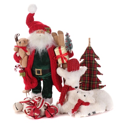 Santqa Claus Figure With Skis, Gifts, Plush Reindeer and Plaid Tree