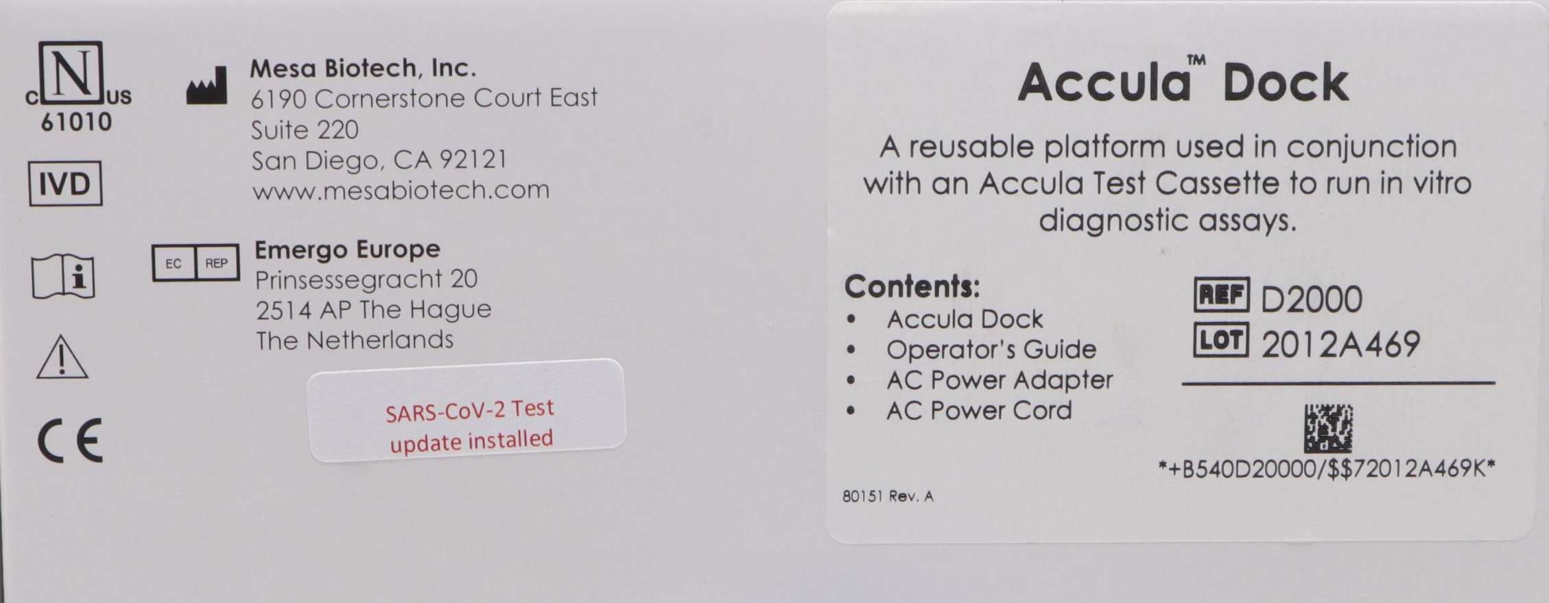 Mesa Biotech Accula Dock SARSCoV2 Testing Systems EBTH