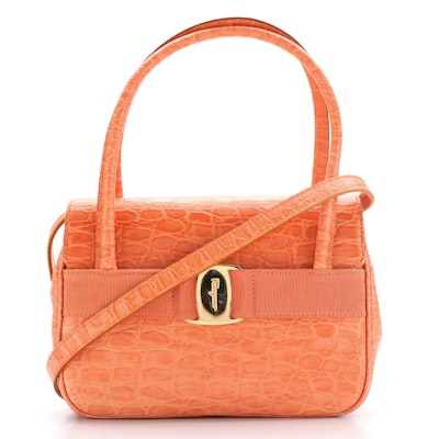 Salvatore Ferragamo Orange Croc-Embossed Leather Two-Way Handbag
