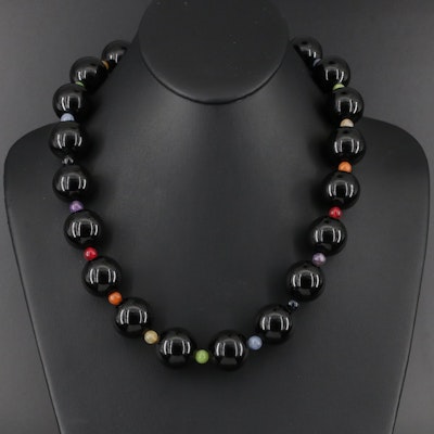 Black Onyx, Amethyst and Quartz Beaded Necklace with 14K Clasp