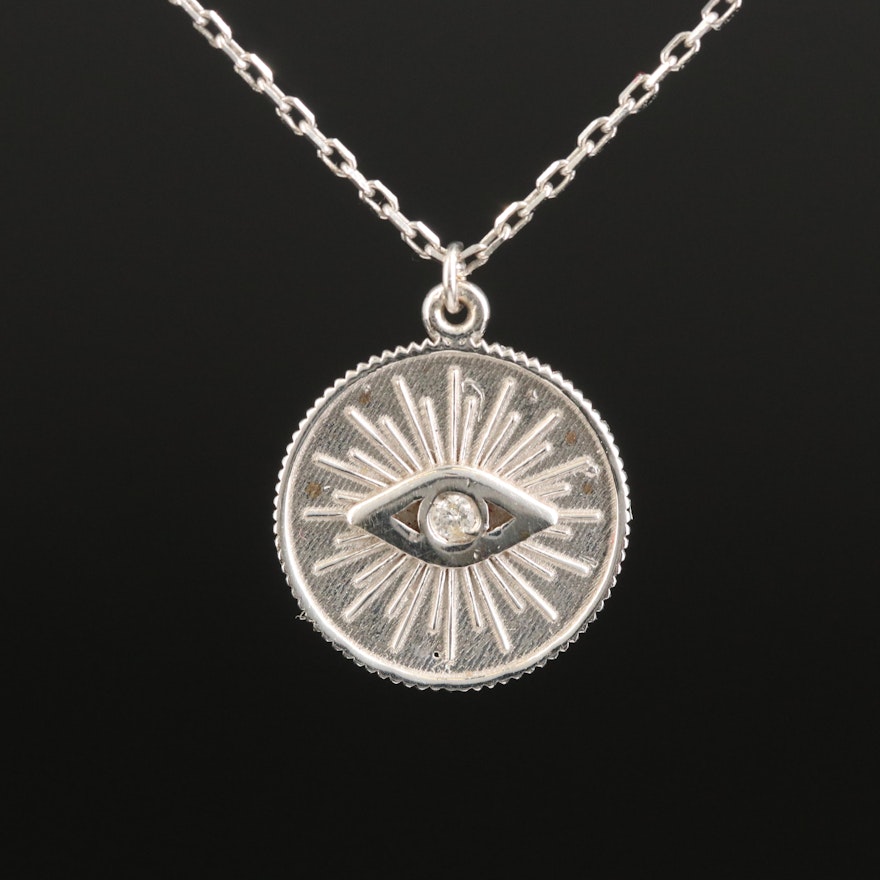 14K Diamond Sunburst Evil Eye Pendant Necklace