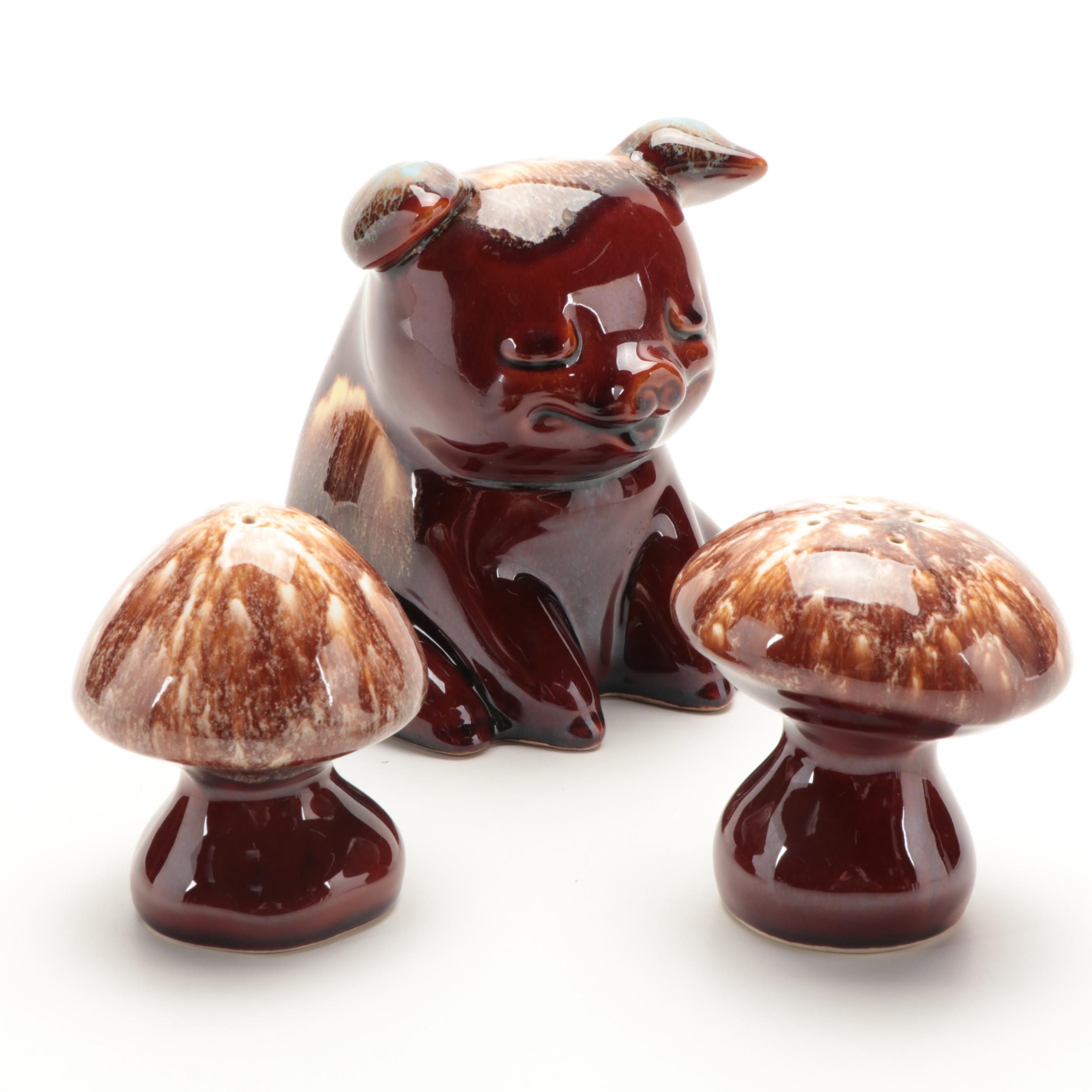 Hull Pottery Drip Glaze Ceramic Piggy Bank with Toadstool Shakers EBTH