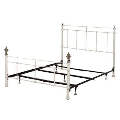 Victorian Style Painted Iron Queen Size Bed with Gilt and Glass Finials