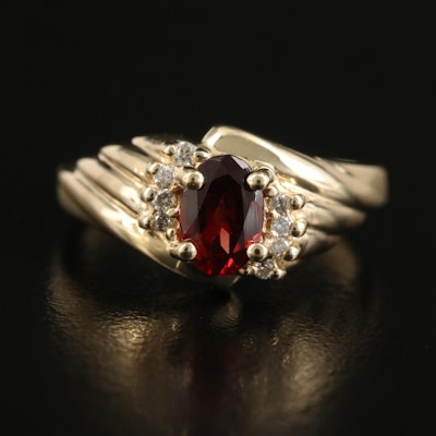14K Garnet and Diamond Ring with Fluted Shoulders
