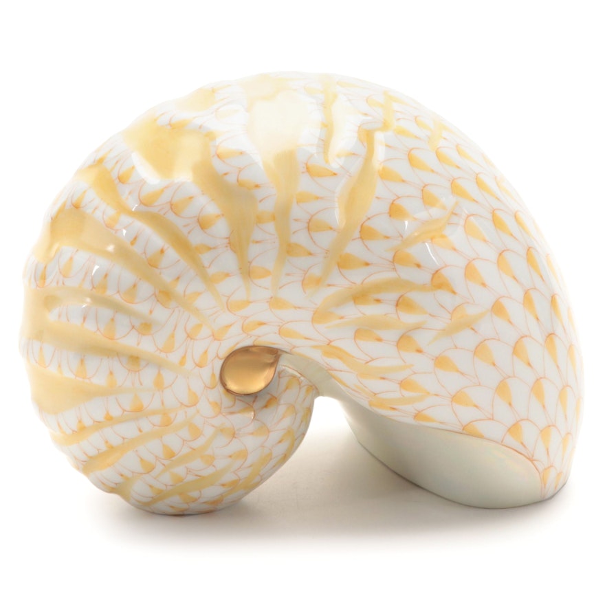 Herend Butterscotch Fishnet with Gold "Nautilus Shell" Porcelain Figurine