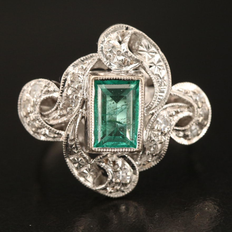 Vintage 14K Emerald and Diamond Swirl Ring