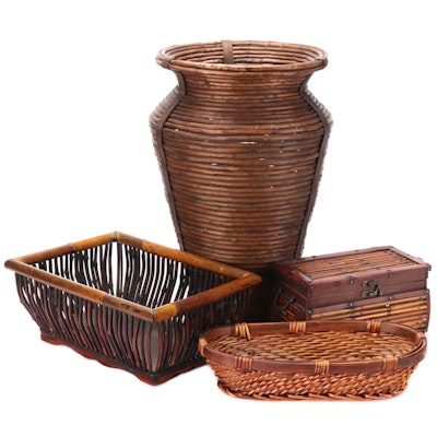 Rattan and Wood Baskets With Urn and Trinket Box