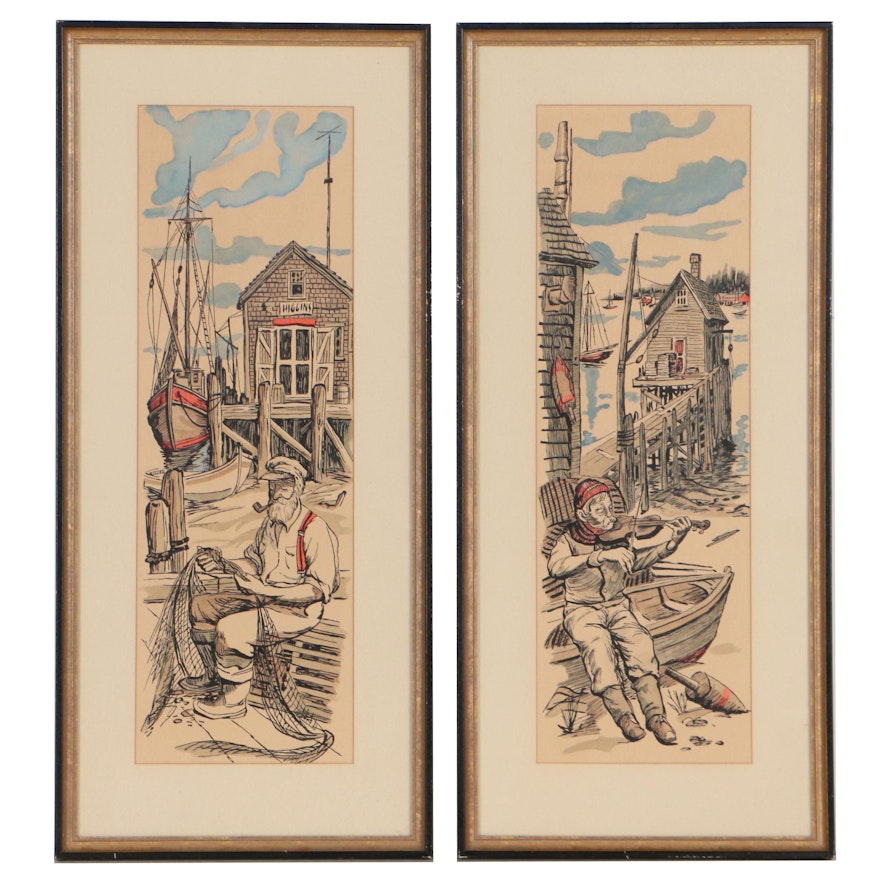 Watercolor and Ink Drawings of Men at a Harbor, Late 20th Century