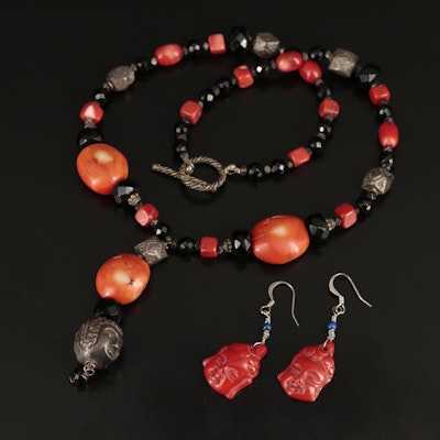 Sterling Coral, Black Onyx and Lapis Lazuli Necklace and Earrings