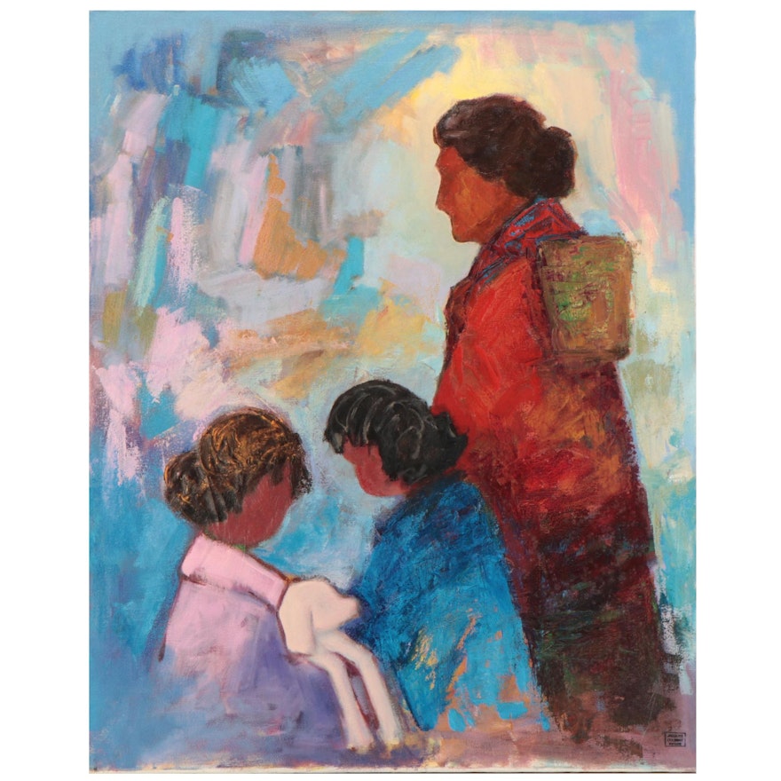 Jacques Colbert Abstract Oil Painting of Family With Puppy, Late 20th Century
