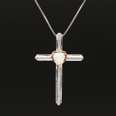 Sterling Opal and White Sapphire Cross Pendant Necklace with 10K Accents